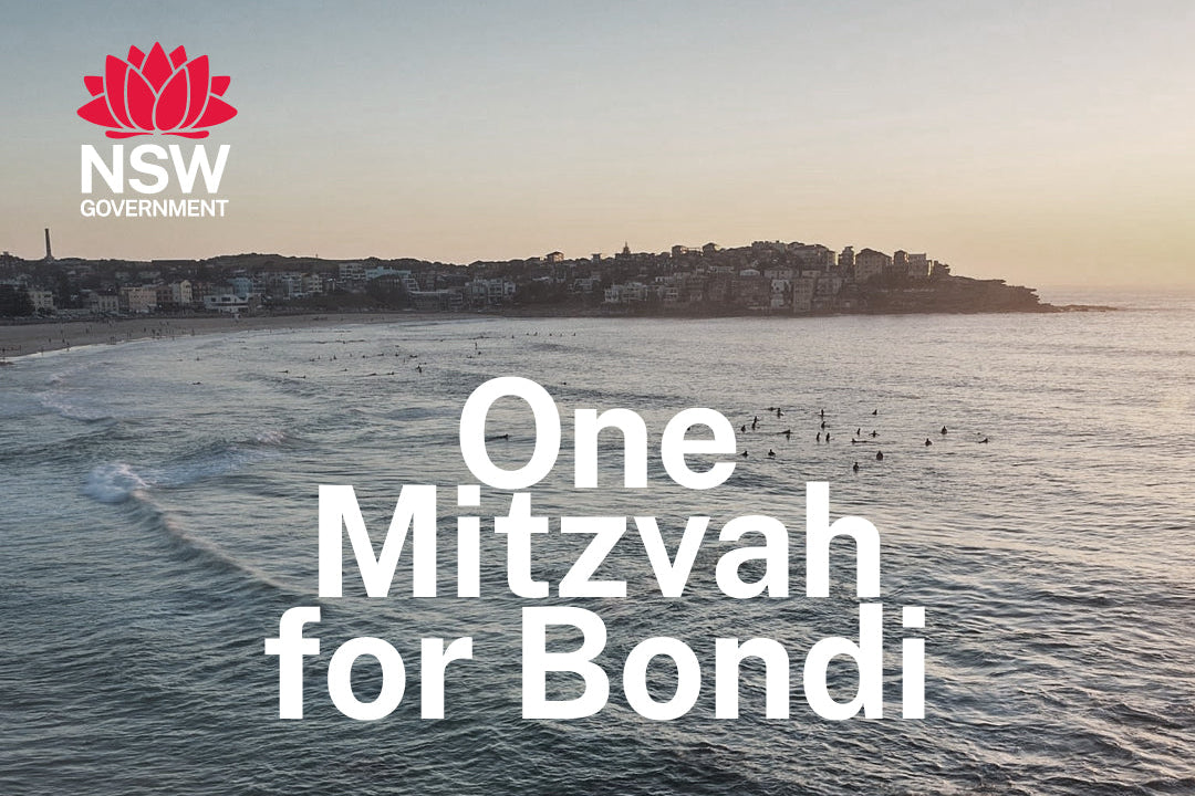 Ocean view with 'One Mitzvah for Bondi' text and NSW Government logo.