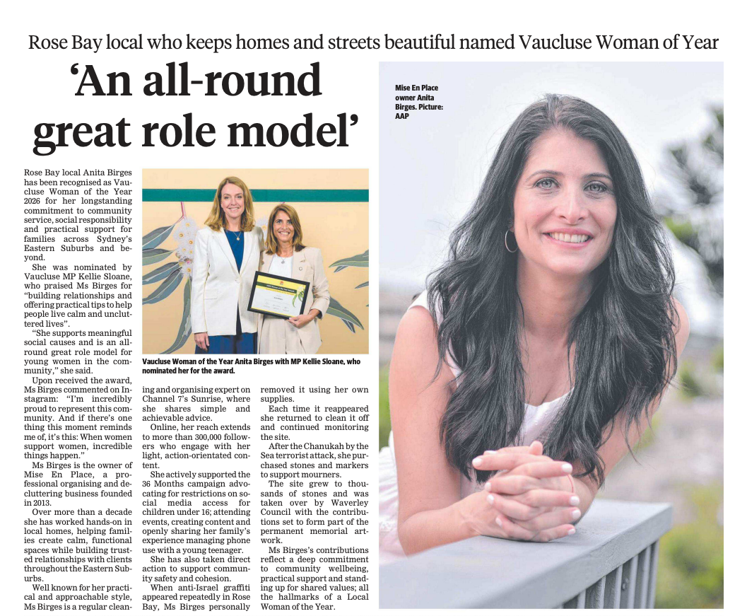 Newspaper article featuring a woman named Vaucluse Woman of Year with a photo and text.